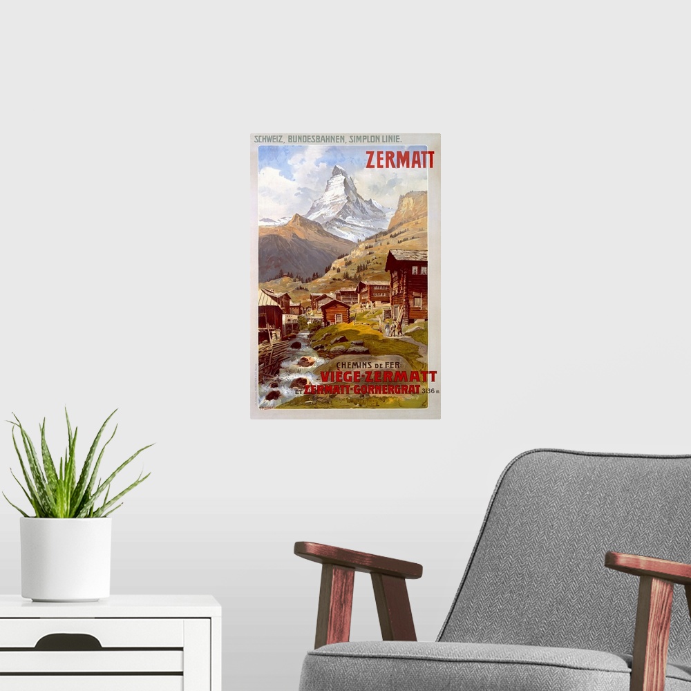 A modern room featuring Vertical vintage poster, advertising the Swiss Alps in Zermatt.  Mountains behind a small village...