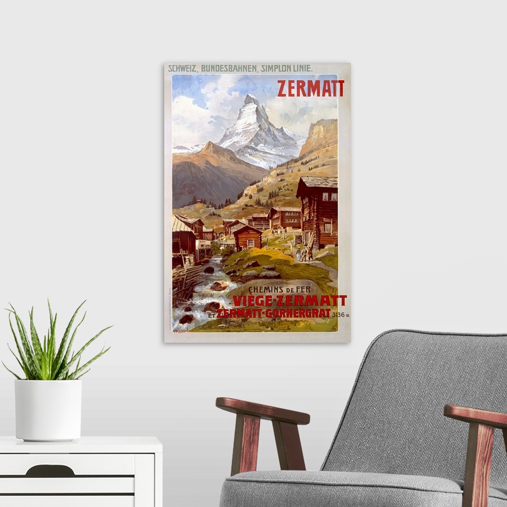 A modern room featuring Vertical vintage poster, advertising the Swiss Alps in Zermatt.  Mountains behind a small village...