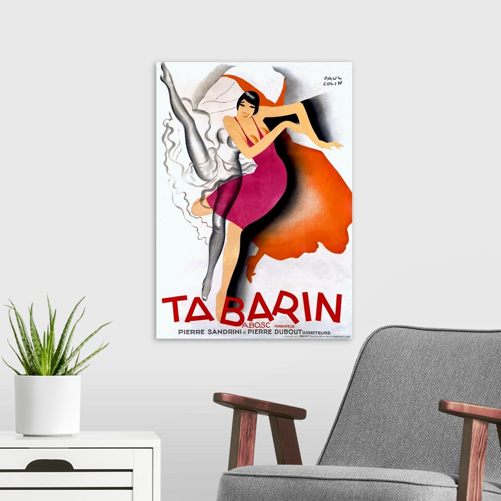 A modern room featuring Giant, vertical vintage advertisement for the theatrical performance Tabarin, featuring show ente...