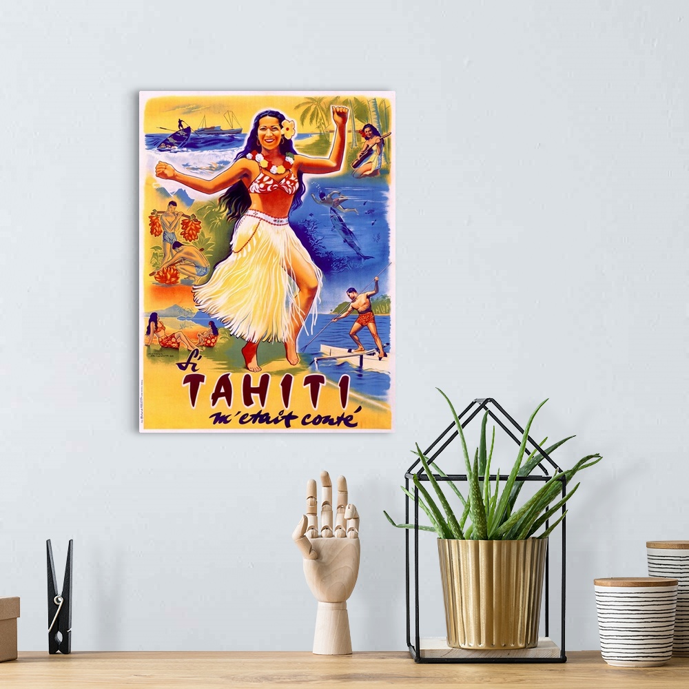 A bohemian room featuring Old print advertising a French Polynesian island.  There is a hula girl in the center surrounded ...