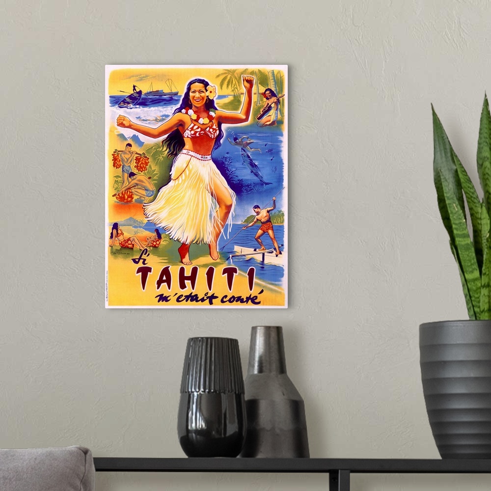 A modern room featuring Old print advertising a French Polynesian island.  There is a hula girl in the center surrounded ...