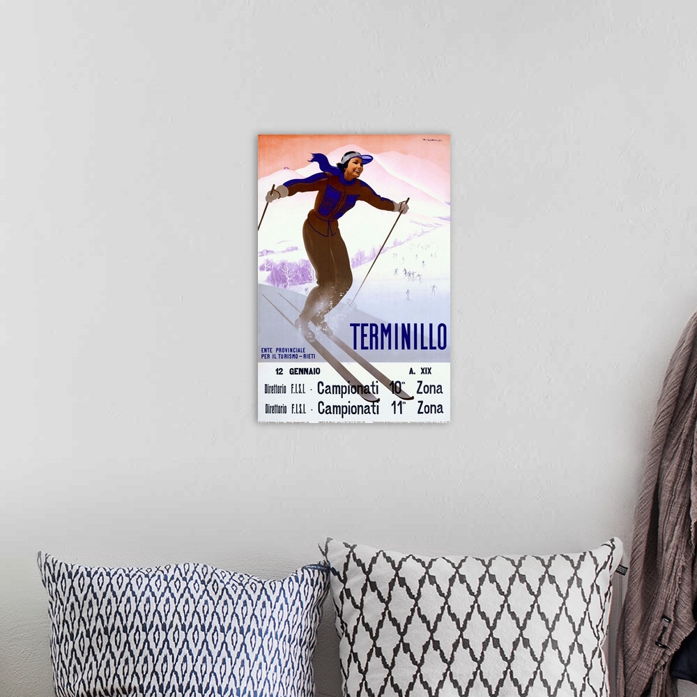 A bohemian room featuring Terminillo, Woman Skiing, Vintage Poster, by Giuseppe Riccobaldi