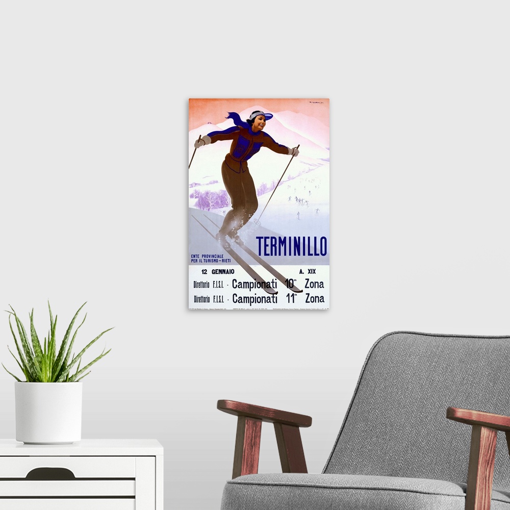 A modern room featuring Terminillo, Woman Skiing, Vintage Poster, by Giuseppe Riccobaldi