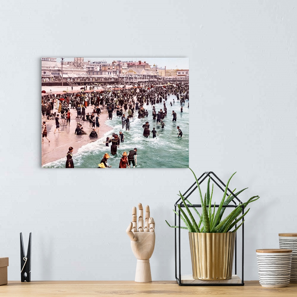 A bohemian room featuring Horizontal, vintage photograph of a beach crowded with people in Atlantic City, New Jersey.  The ...