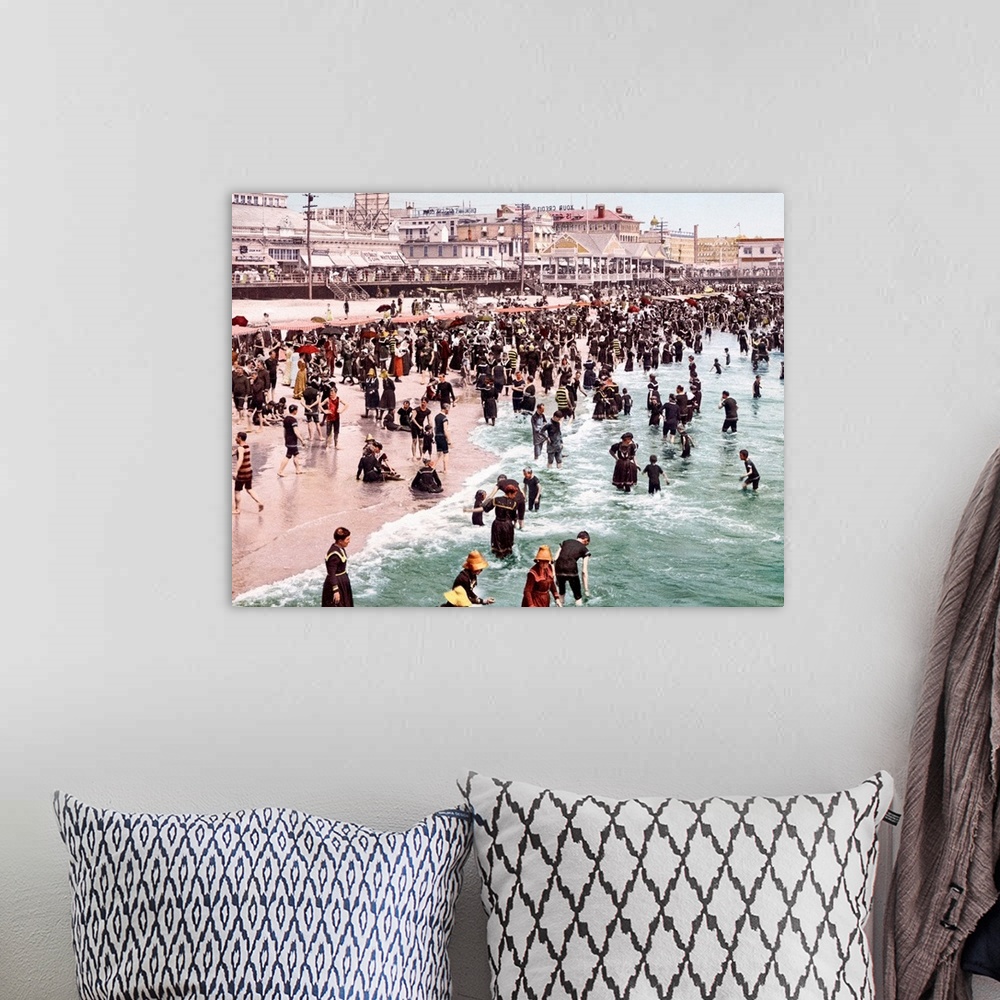 A bohemian room featuring Horizontal, vintage photograph of a beach crowded with people in Atlantic City, New Jersey.  The ...
