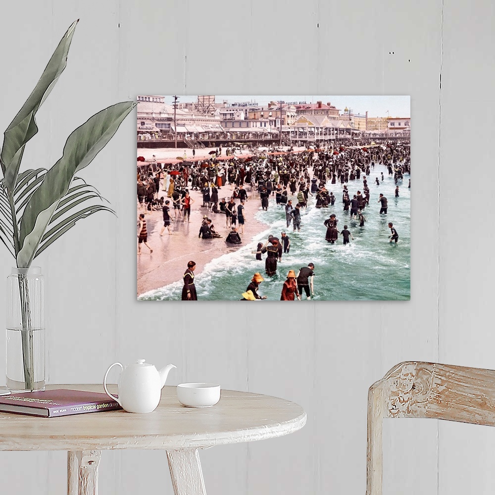 A farmhouse room featuring Horizontal, vintage photograph of a beach crowded with people in Atlantic City, New Jersey.  The ...