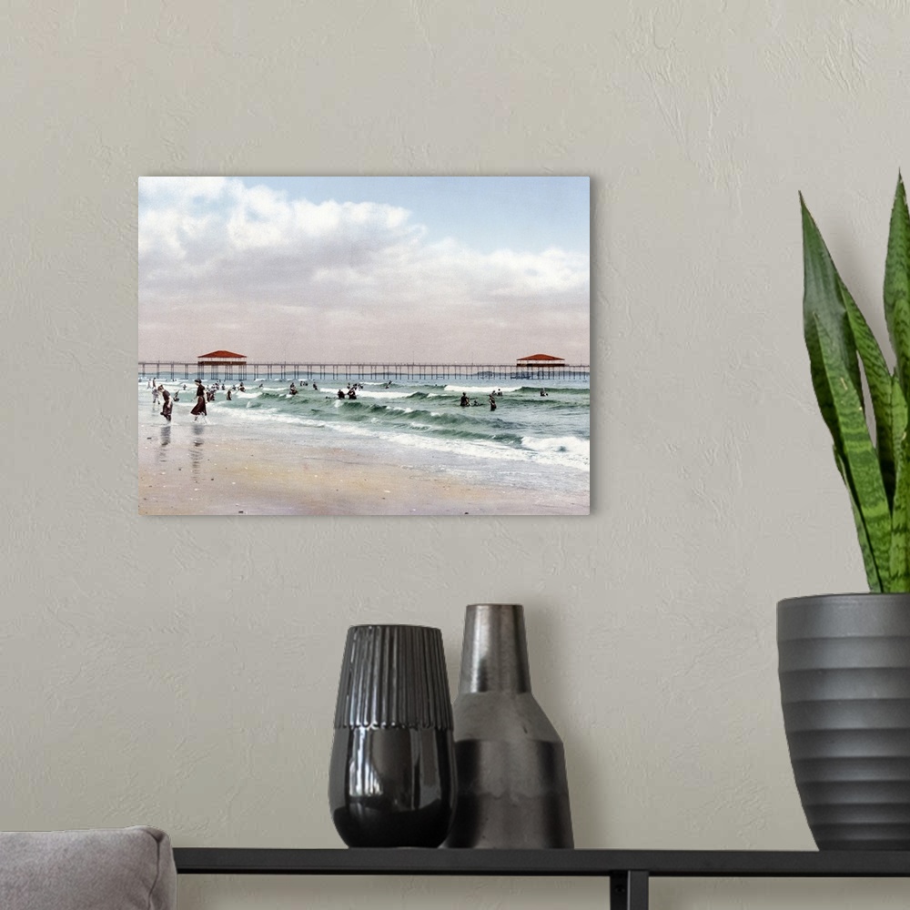 A modern room featuring The Beach at Old Orchard Maine Vintage Photograph