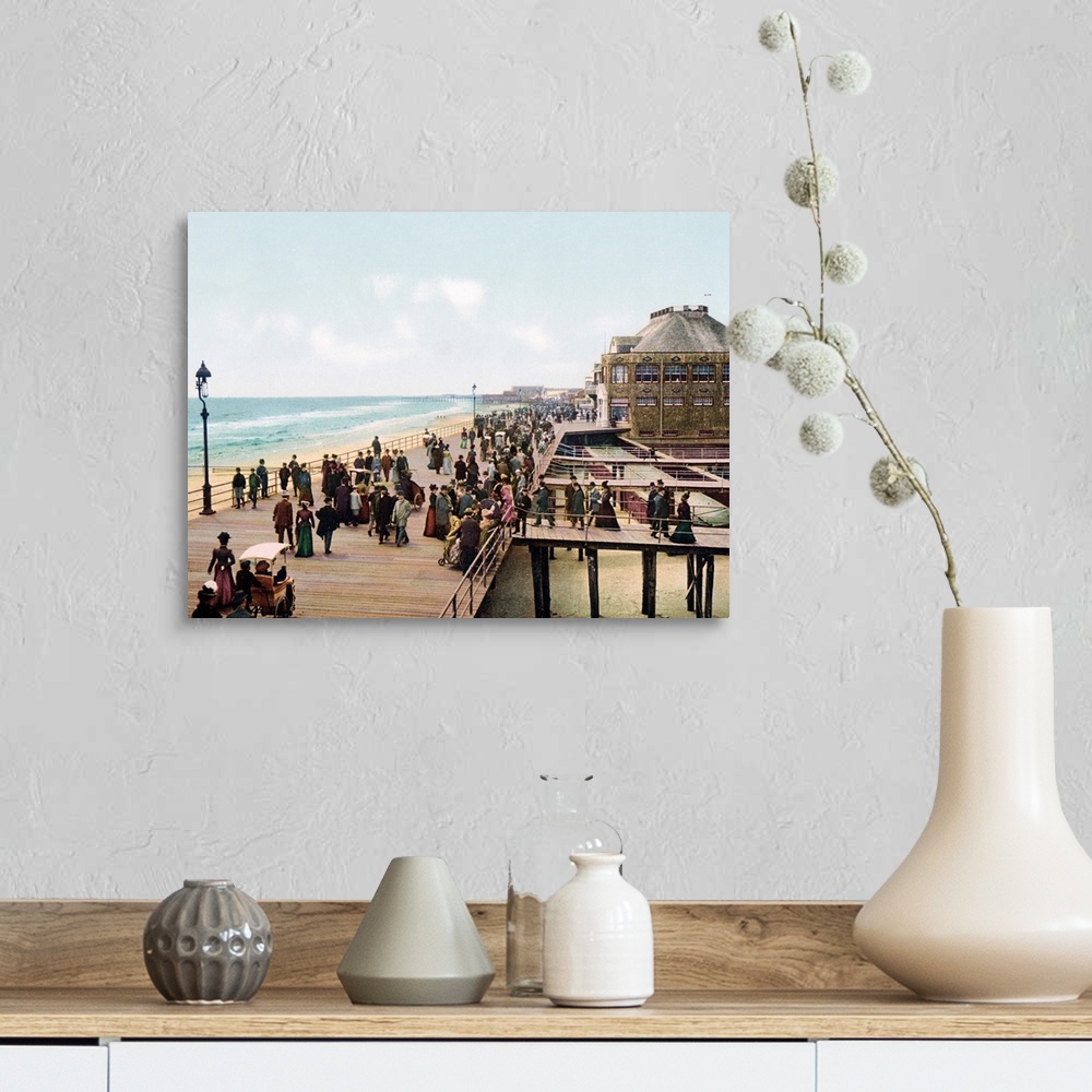 A farmhouse room featuring Old photograph of well-dressed people walking along the Atlantic City Boardwalk in New Jersey. Se...