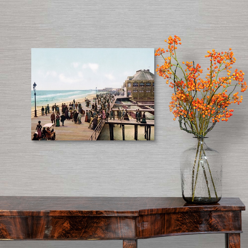 A traditional room featuring Old photograph of well-dressed people walking along the Atlantic City Boardwalk in New Jersey. Se...