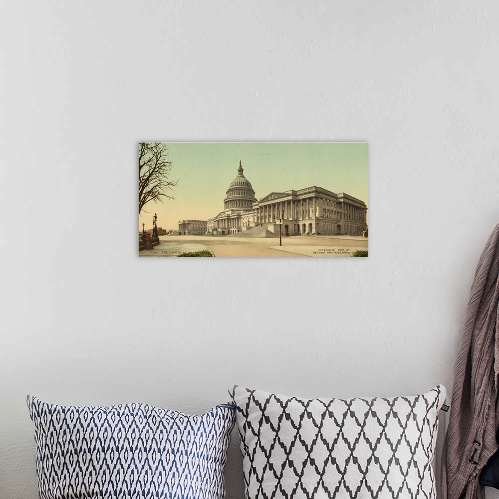 A bohemian room featuring Hand colored photograph of the capitol at Washington.