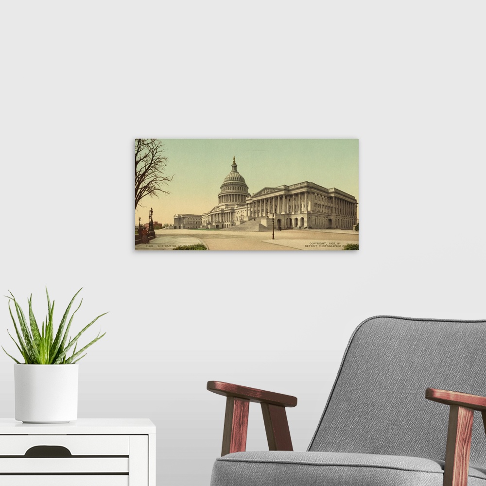 A modern room featuring Hand colored photograph of the capitol at Washington.