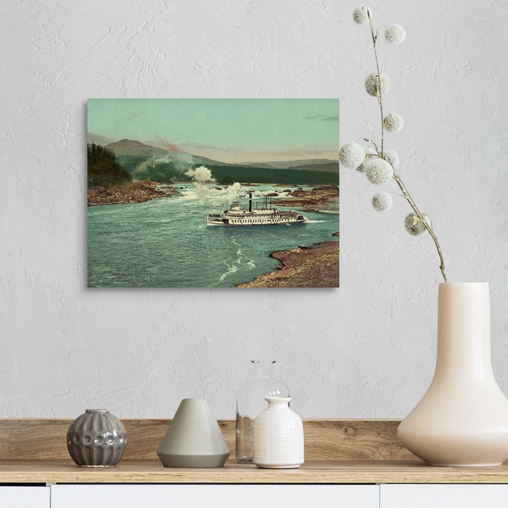 A farmhouse room featuring Hand colored photograph of the cascades of the Columbia River.