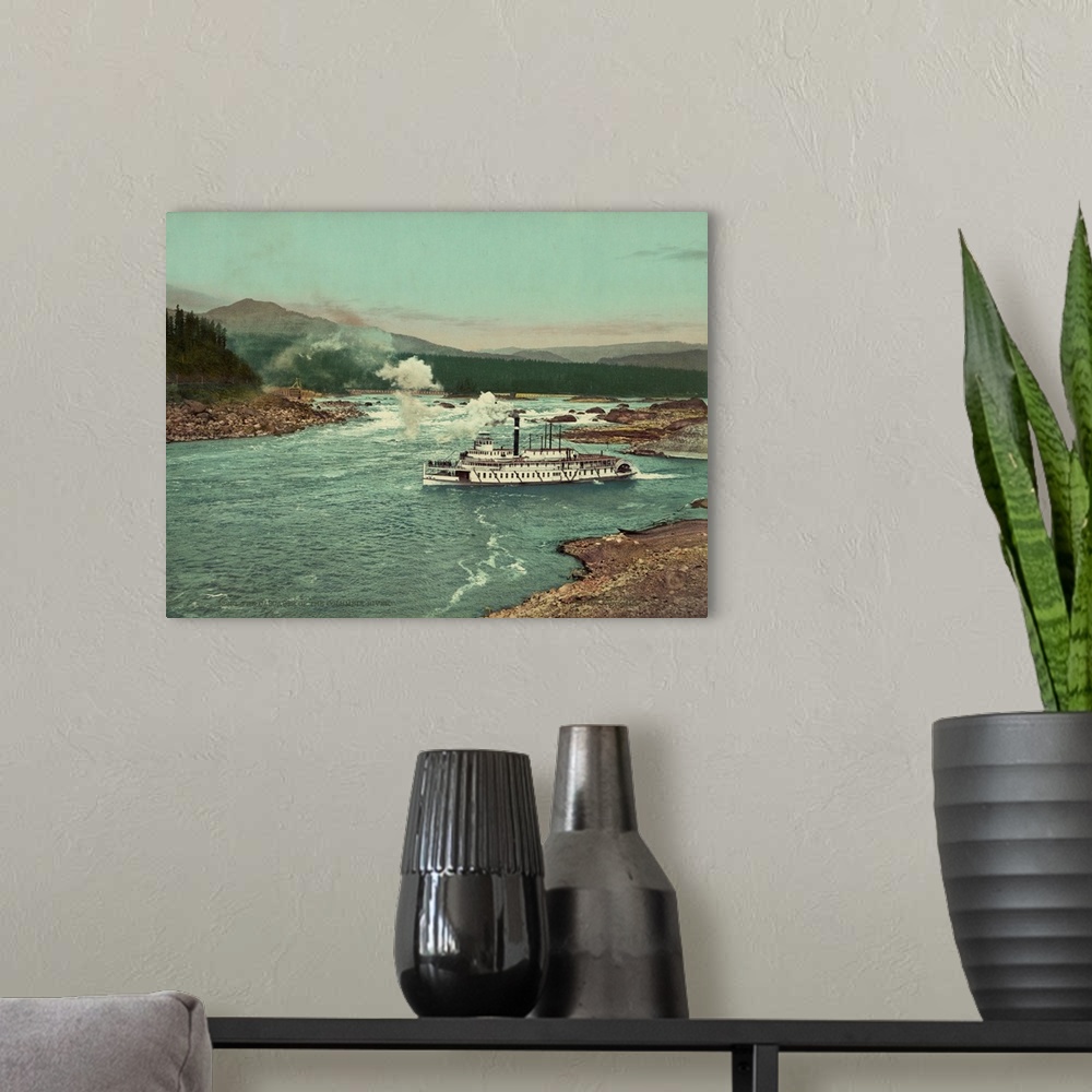 A modern room featuring Hand colored photograph of the cascades of the Columbia River.
