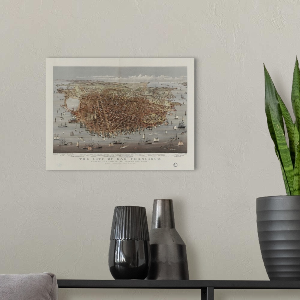 A modern room featuring Hand colored photograph of the city of San Francisco. Birds eye view from the bay looking south-w...