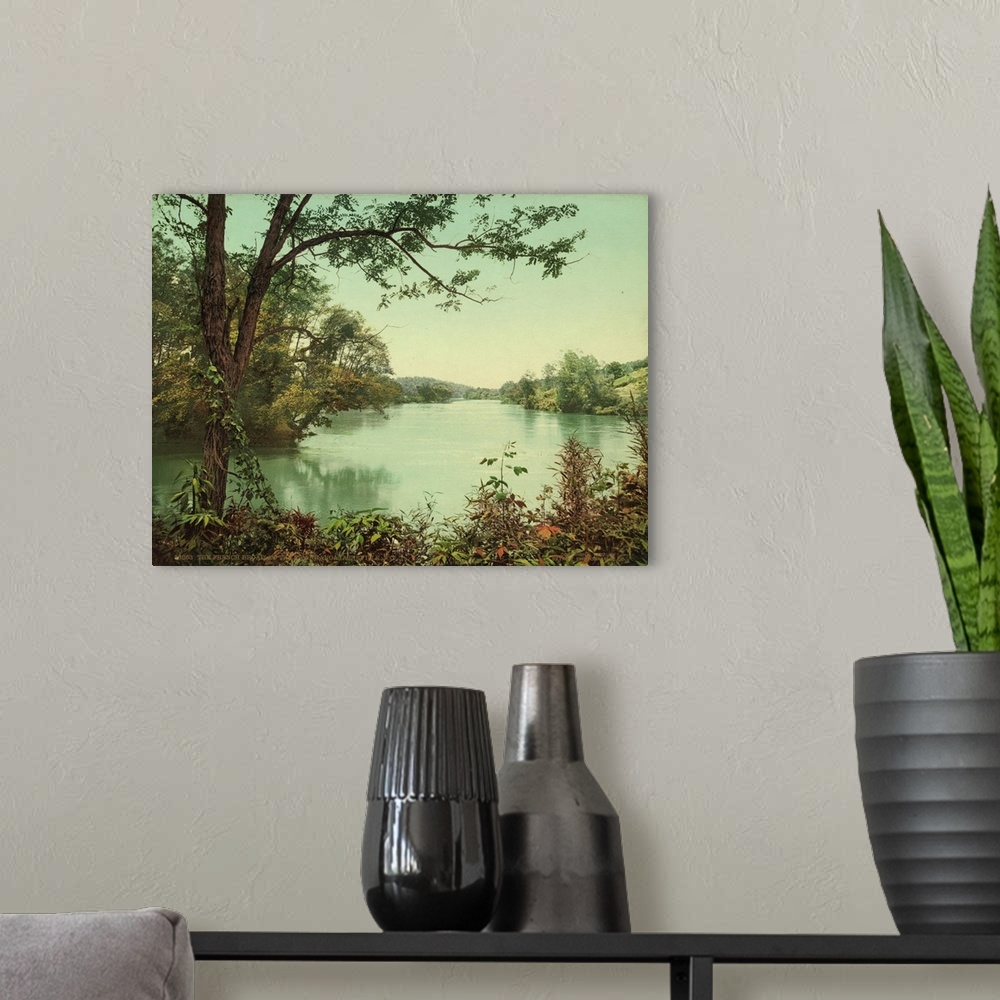 A modern room featuring Hand colored photograph of the French broad at the Swannanoa, Asheville, North Carolina.