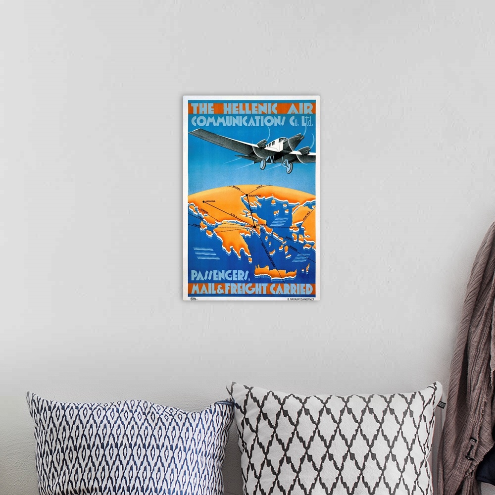A bohemian room featuring The Hellenic Air, Mail & Freigh Carried, Vintage Poster