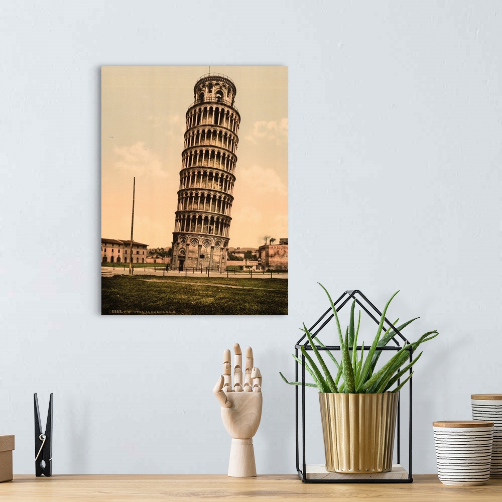 A bohemian room featuring Hand colored photograph of the leaning tower, Pisa, Italy.