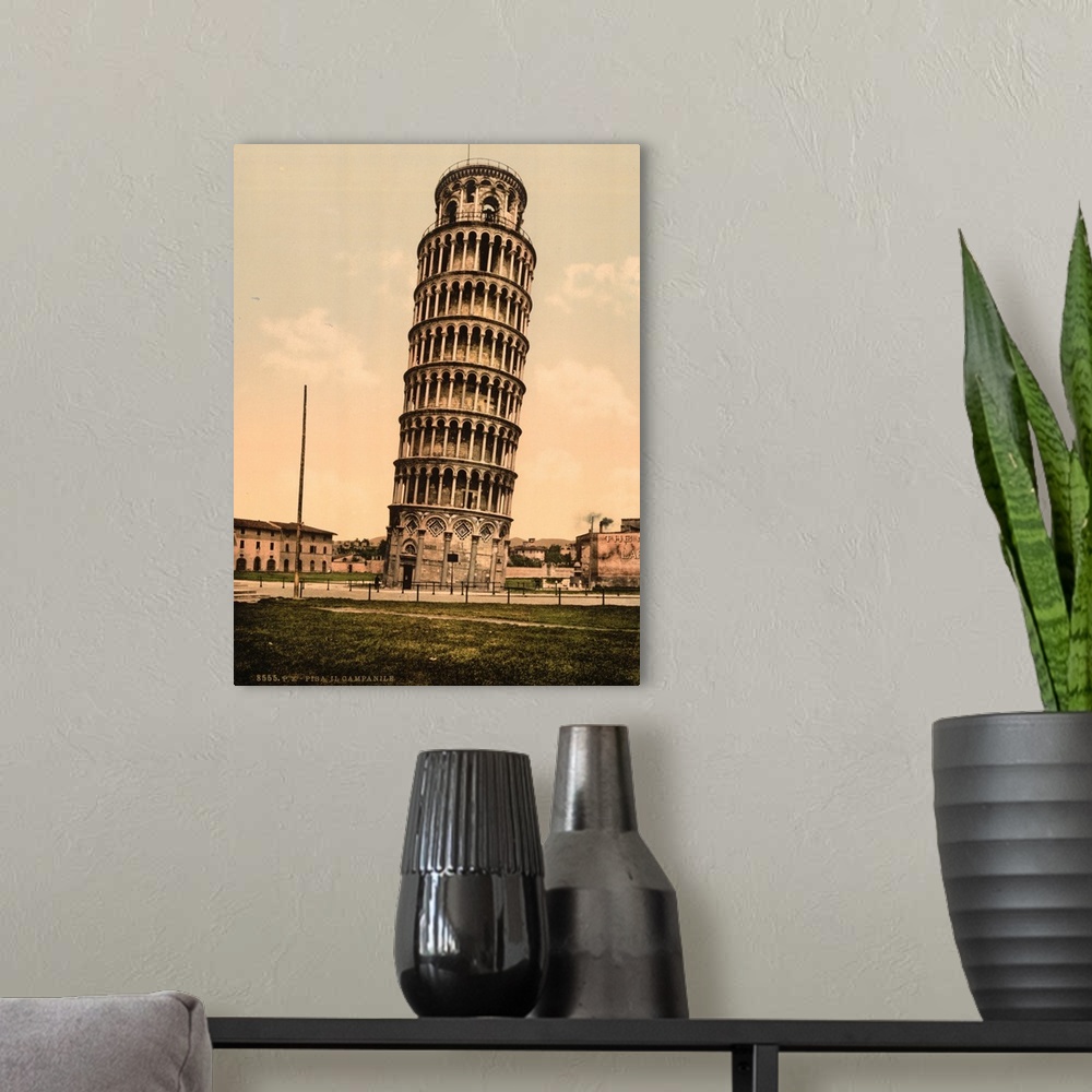 A modern room featuring Hand colored photograph of the leaning tower, Pisa, Italy.