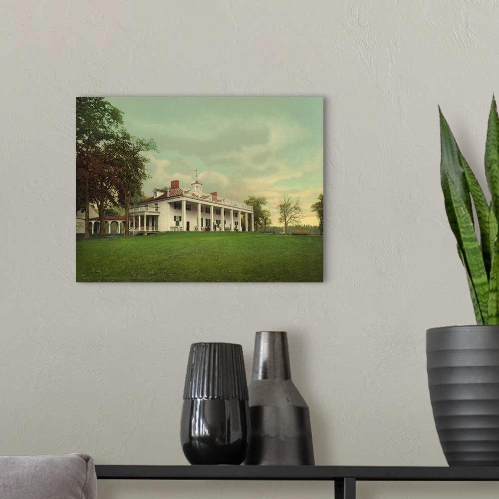 A modern room featuring Hand colored photograph of the mansion, mount Vernon.