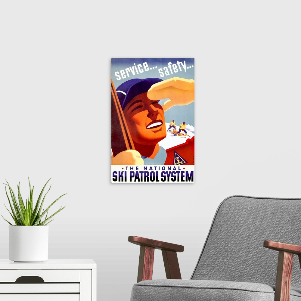 A modern room featuring Vertical, large vintage advertisement for The National Ski Patrol System, a close up of a ski pat...
