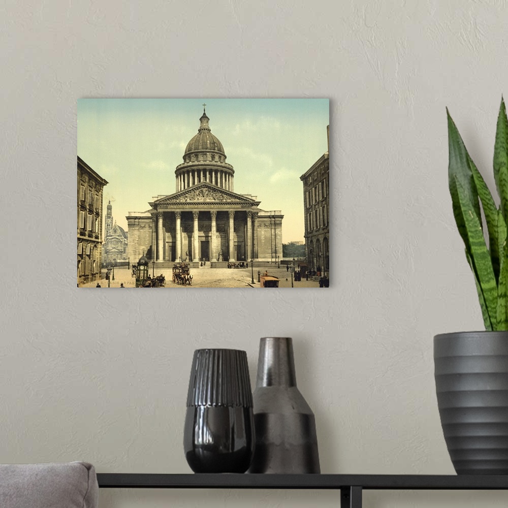 A modern room featuring Hand colored photograph of the pantheon, Paris, France.