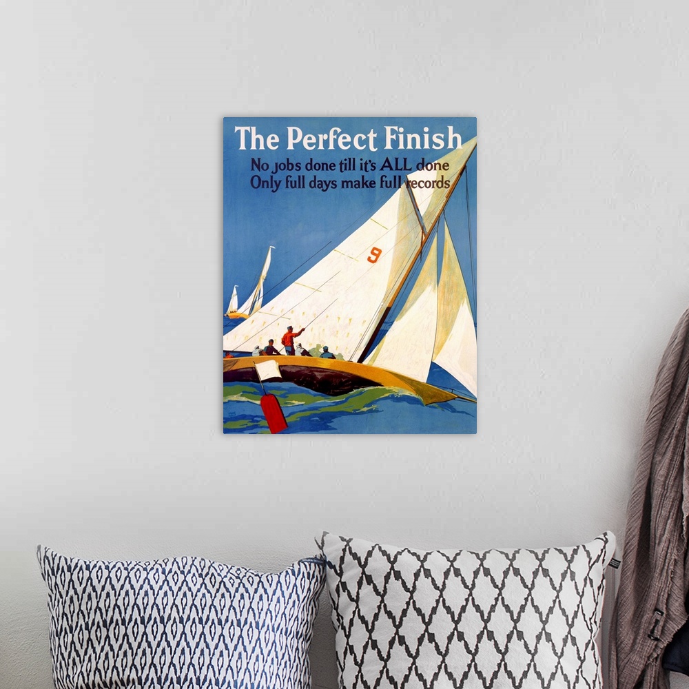 A bohemian room featuring This vertical wall art shows a painted poster of a racing sail boat rocking on the ocean as it pa...