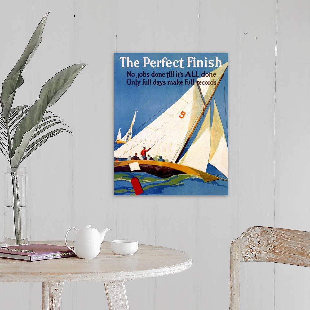 A farmhouse room featuring This vertical wall art shows a painted poster of a racing sail boat rocking on the ocean as it pa...