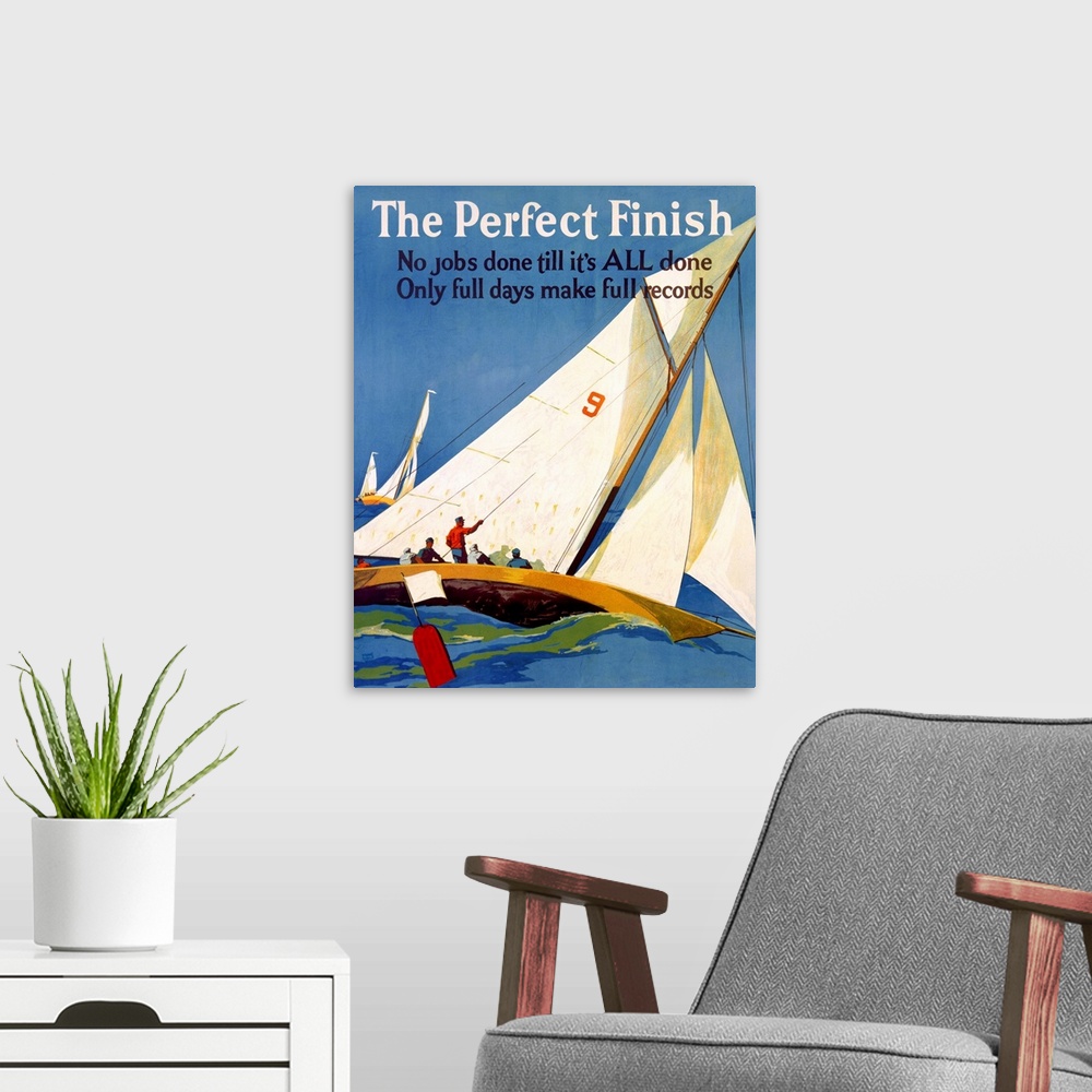 A modern room featuring This vertical wall art shows a painted poster of a racing sail boat rocking on the ocean as it pa...