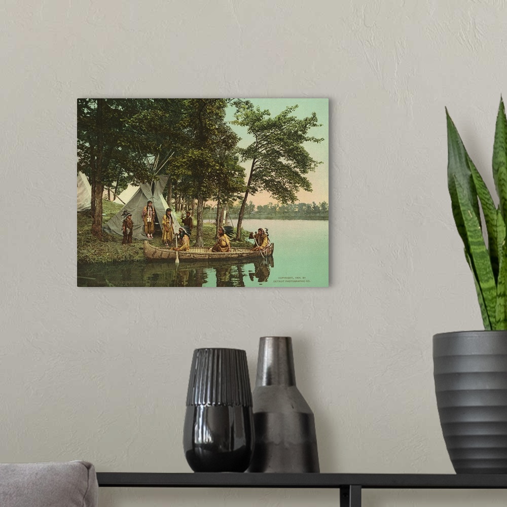 A modern room featuring Hand colored photograph of the return of the hunters.