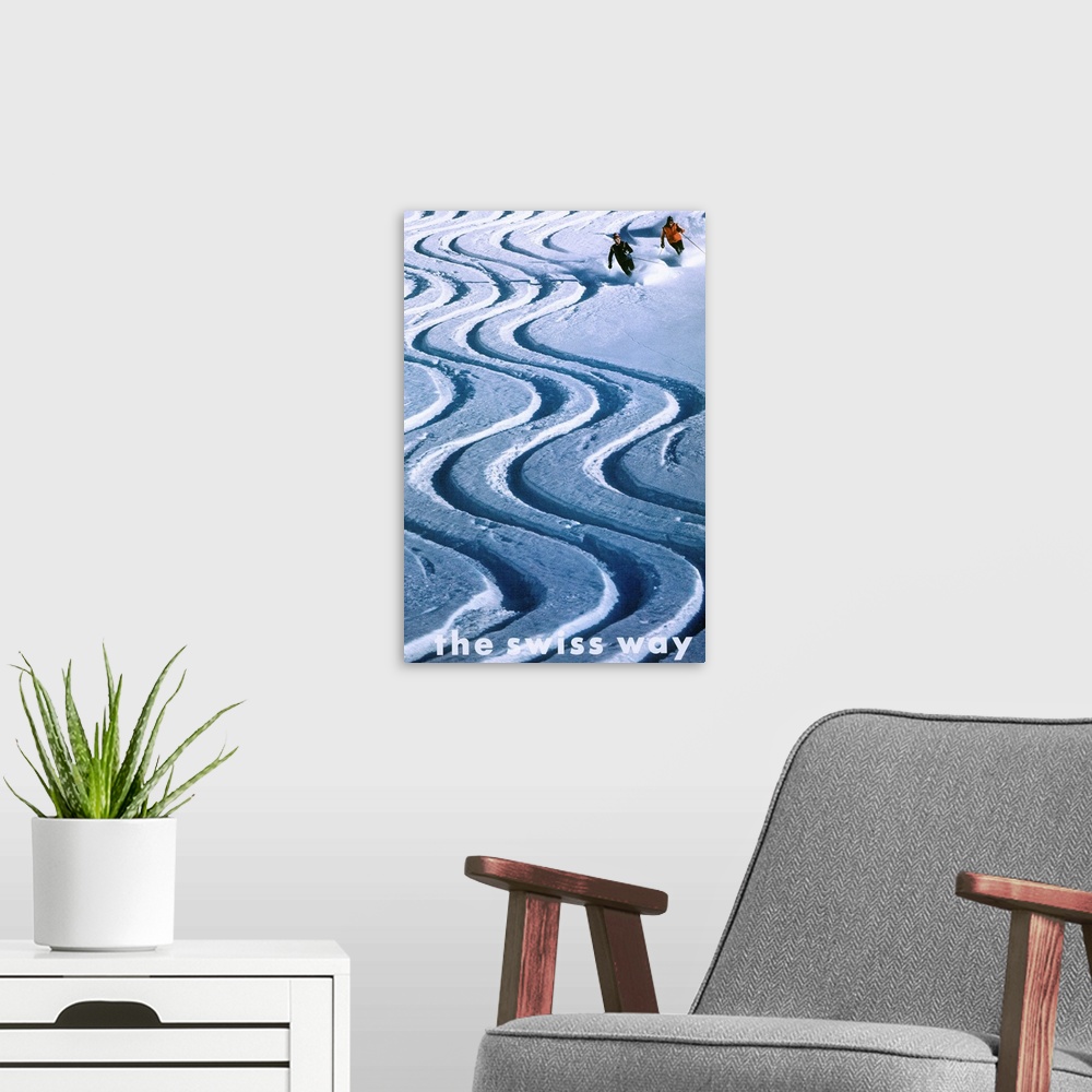 A modern room featuring The Swiss Way, Skiing, Vintage Poster
