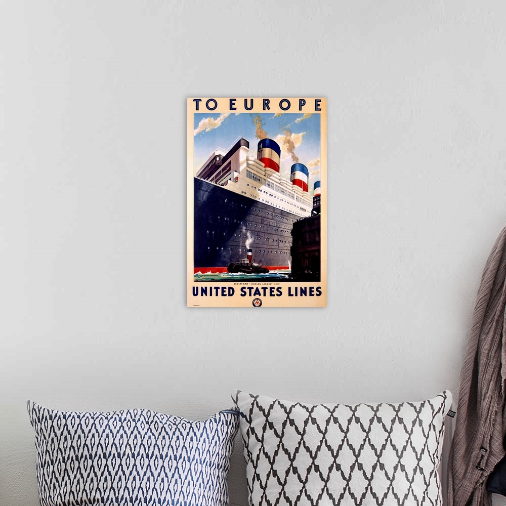 A bohemian room featuring To Europe, United States Lines, Liveiathan, Vintage Poster