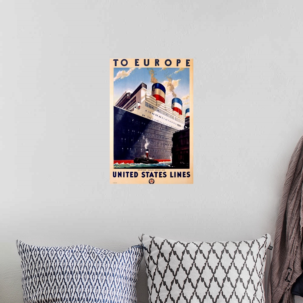 A bohemian room featuring To Europe, United States Lines, Liveiathan, Vintage Poster
