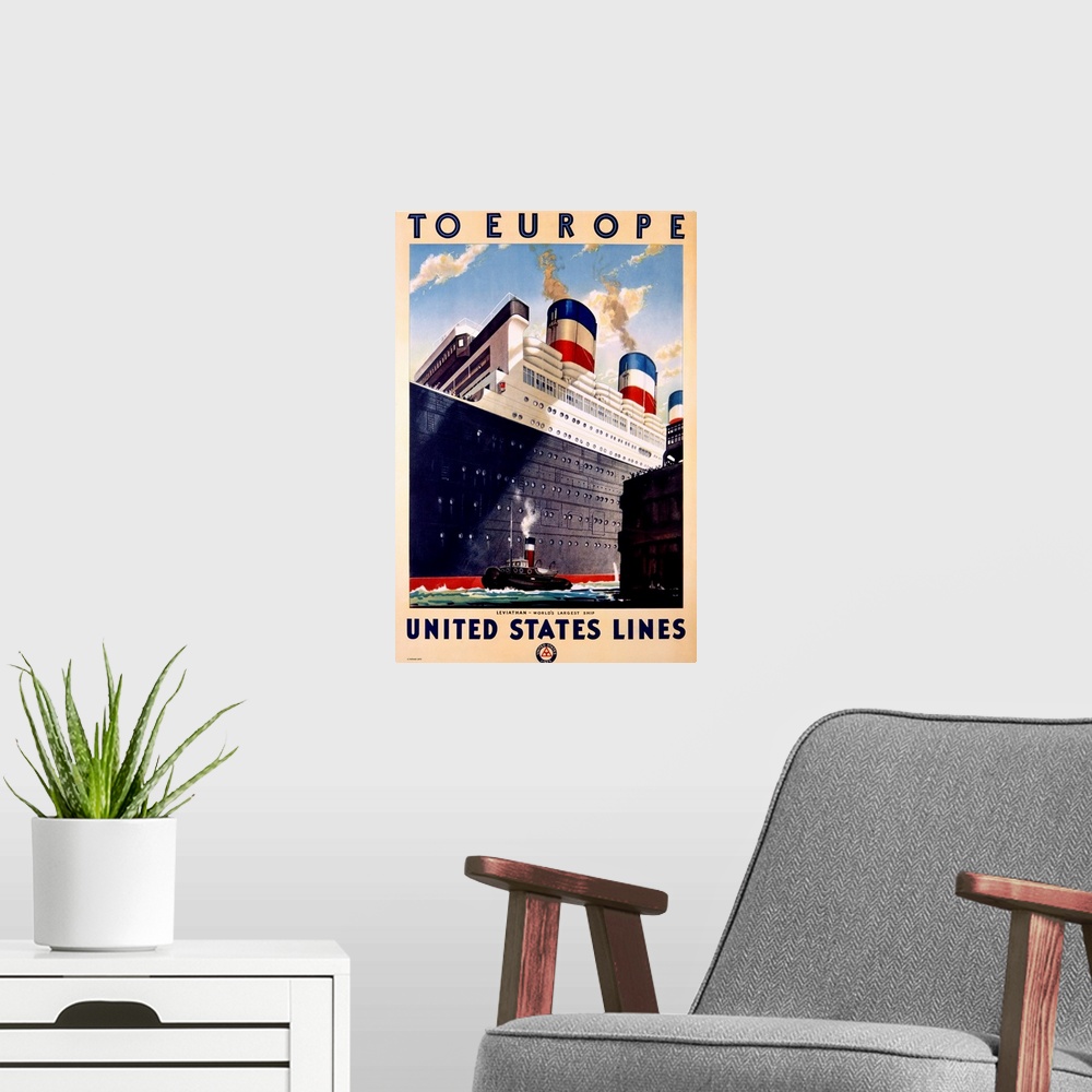 A modern room featuring To Europe, United States Lines, Liveiathan, Vintage Poster