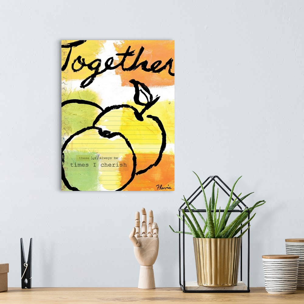 A bohemian room featuring There are several patches of color applied to this print with an outline drawn of fruit and an in...