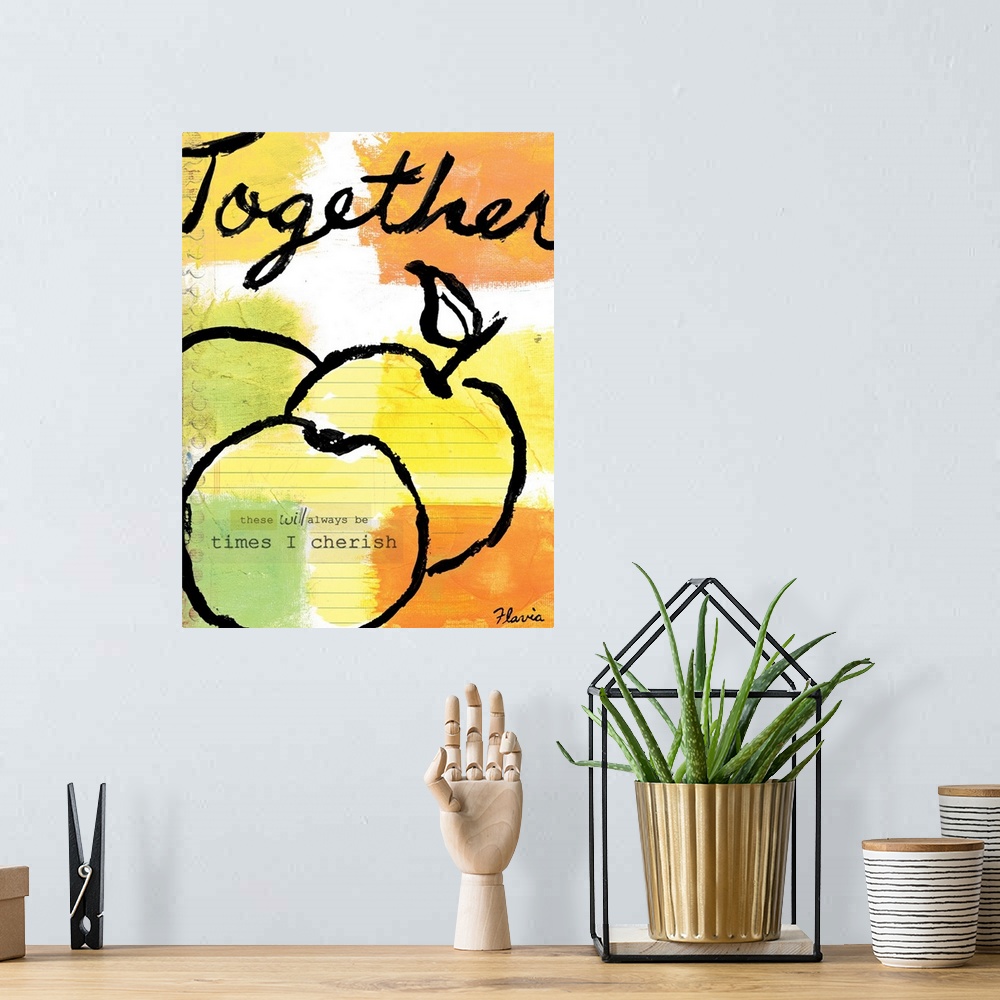 A bohemian room featuring There are several patches of color applied to this print with an outline drawn of fruit and an in...