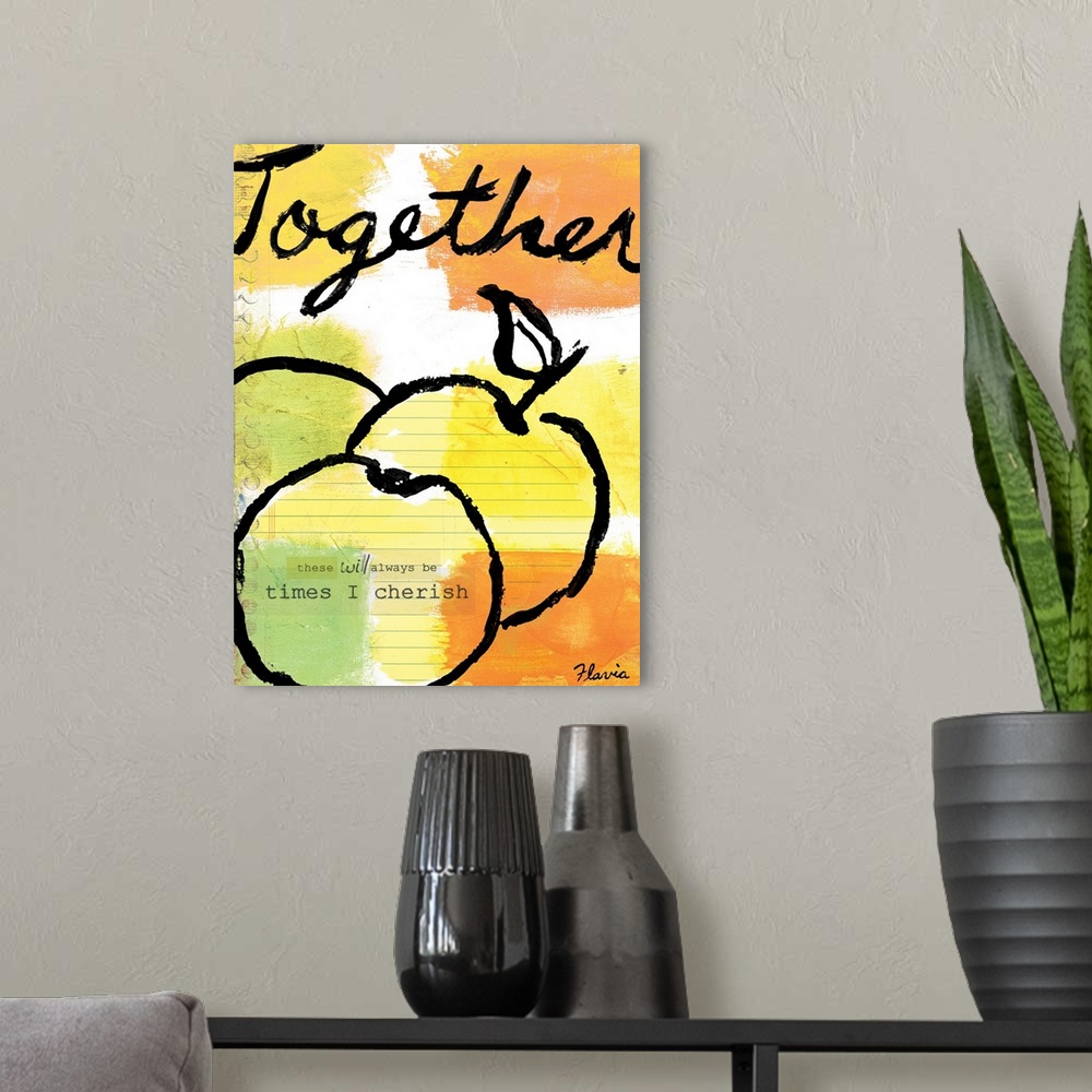 A modern room featuring There are several patches of color applied to this print with an outline drawn of fruit and an in...