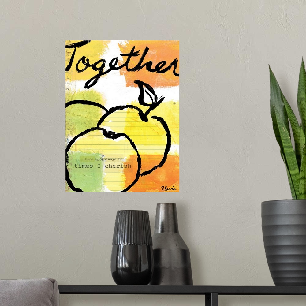 A modern room featuring There are several patches of color applied to this print with an outline drawn of fruit and an in...