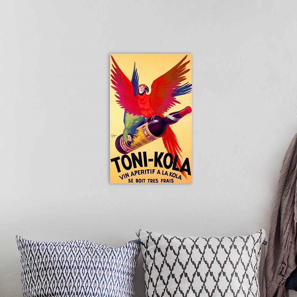 A bohemian room featuring Big advertising art shows a couple parrots holding on to the bottle of a beverage against an empt...
