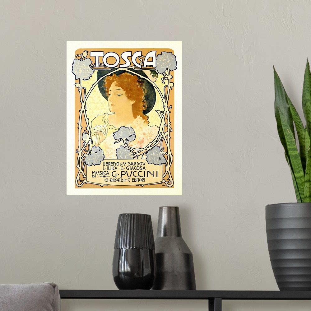 A modern room featuring Tosca, Puccini, Vintage Poster