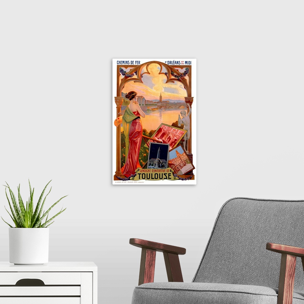 A modern room featuring Vintage artwork that shows a woman painting works of art with a view of a city on the water shown...