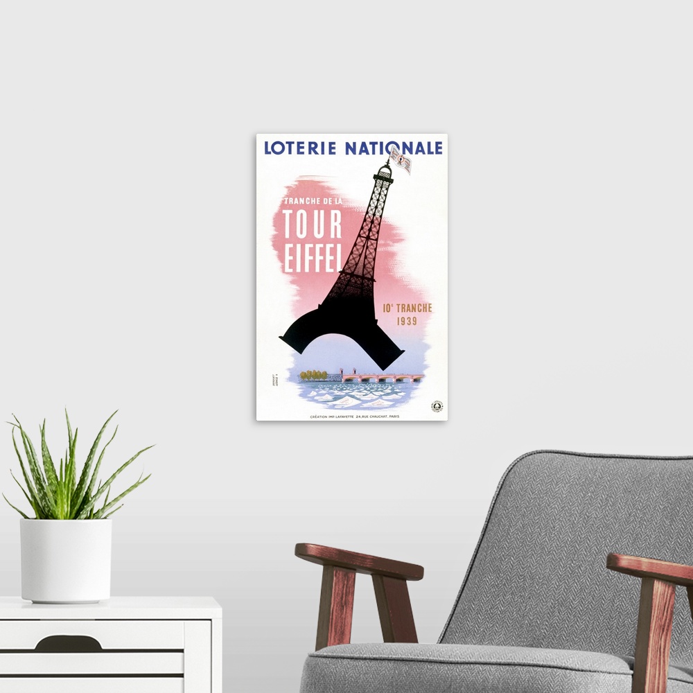 A modern room featuring Retro styled poster on canvas of the Eiffel Tower.