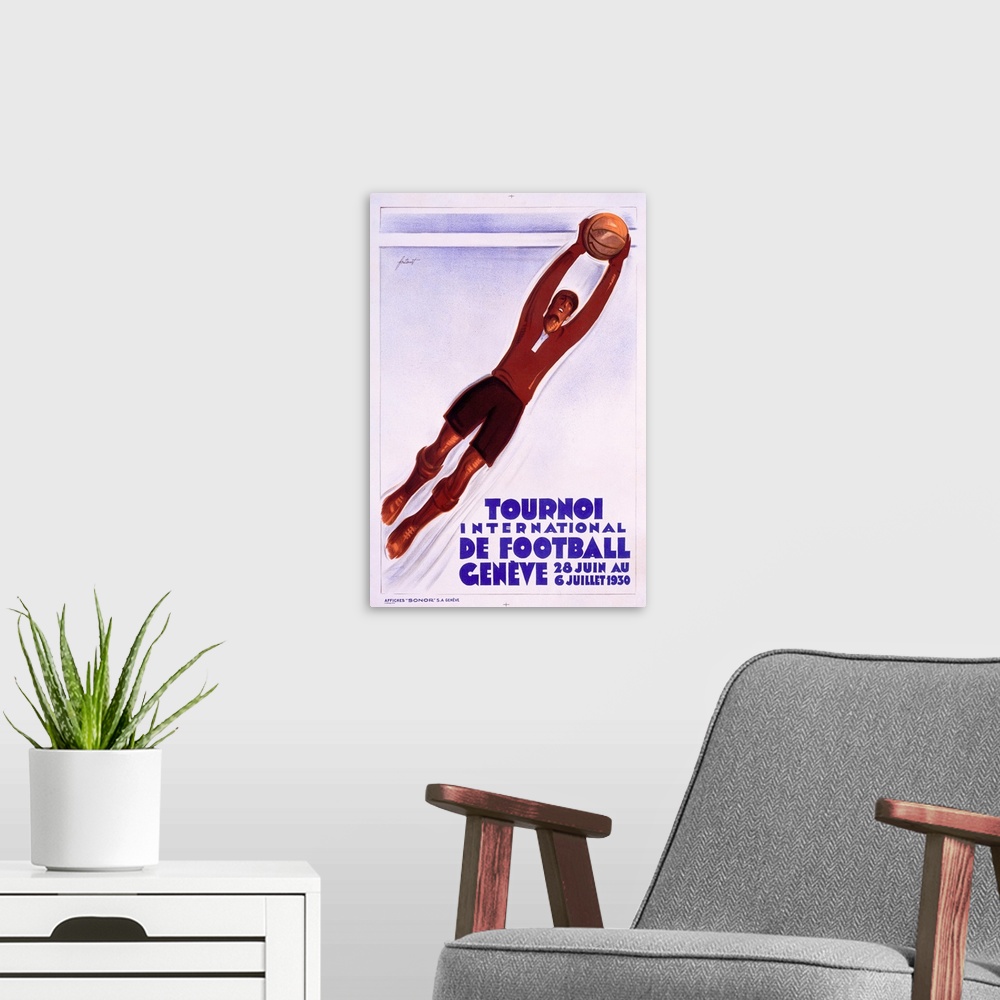 A modern room featuring Tournoi de Football, 1930, Vintage Poster, by Noel Fontanet