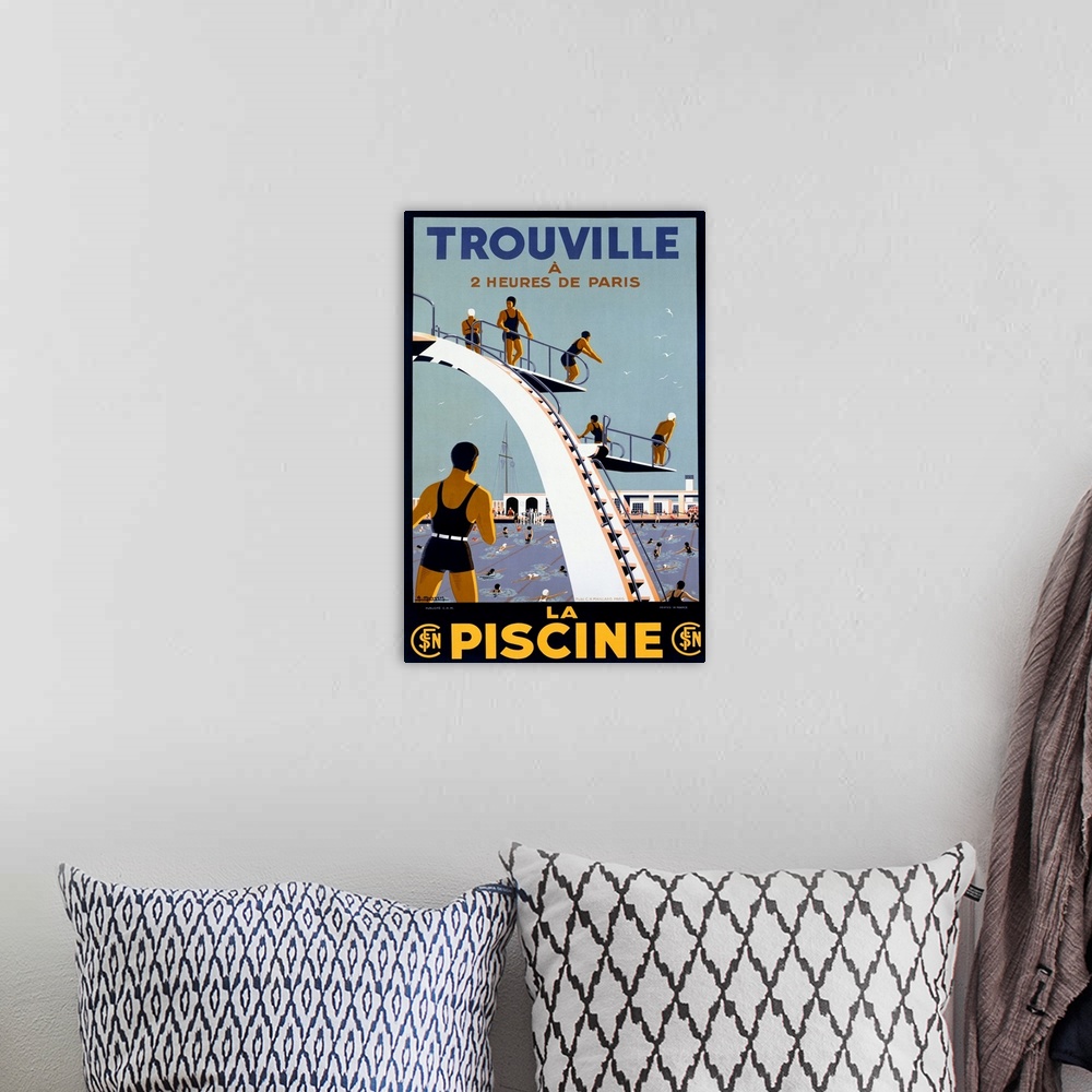 A bohemian room featuring Trouville, La Piscine, Vintage Poster, by Molusson