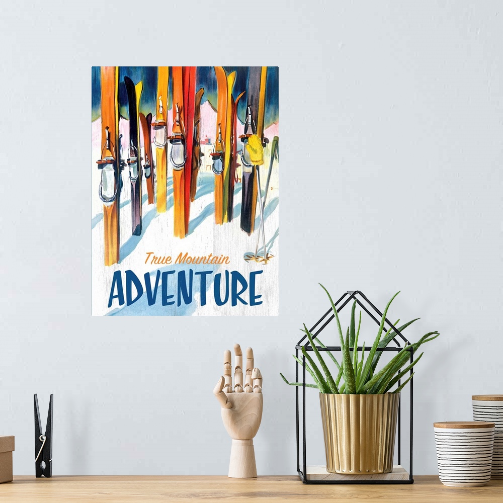A bohemian room featuring True Mountain Adventure Vintage Advertising Poster