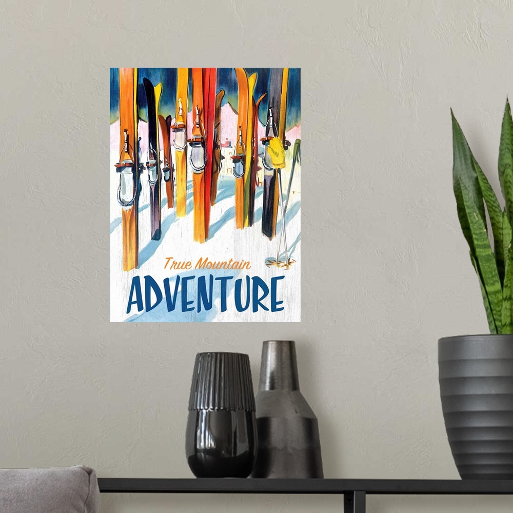 A modern room featuring True Mountain Adventure Vintage Advertising Poster