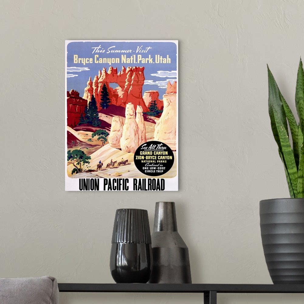 A modern room featuring Vintage American Travel Poster, Bryce Canyon National Park Utah, Union Pacific Railroad