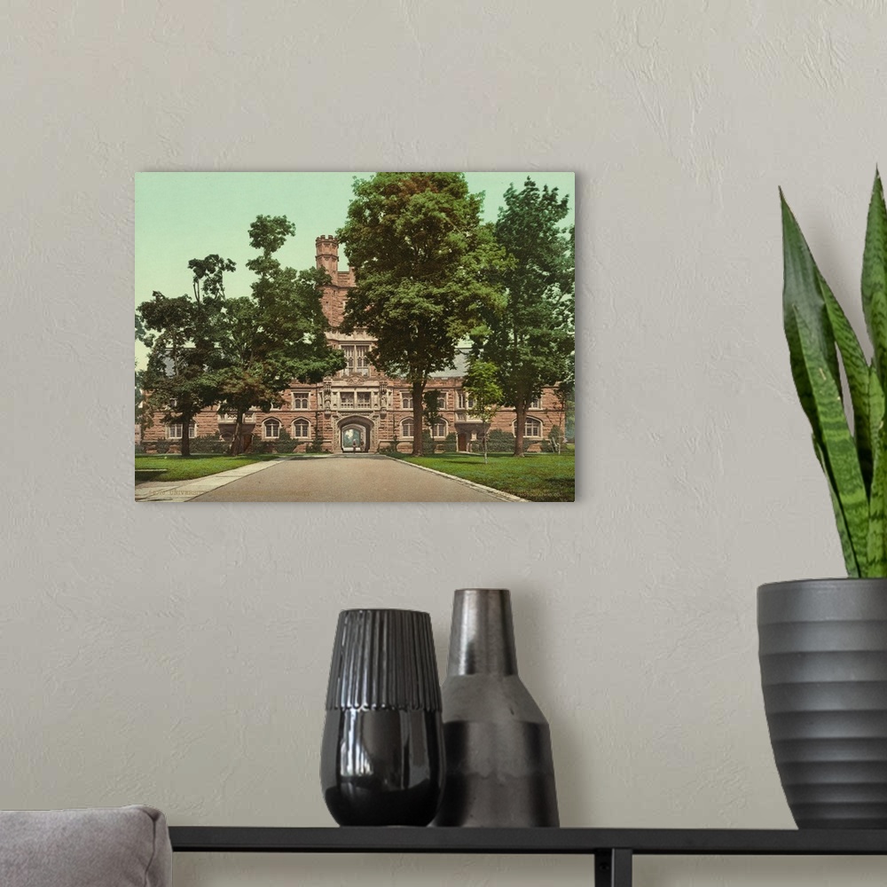 A modern room featuring Hand colored photograph of university library, Princeton university.