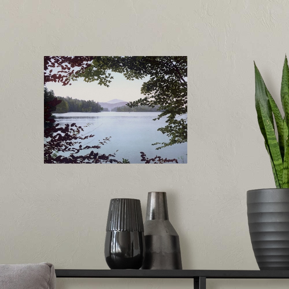 A modern room featuring Big photo print of a lake with a mountain in the distance seen through tree leaves making a borde...