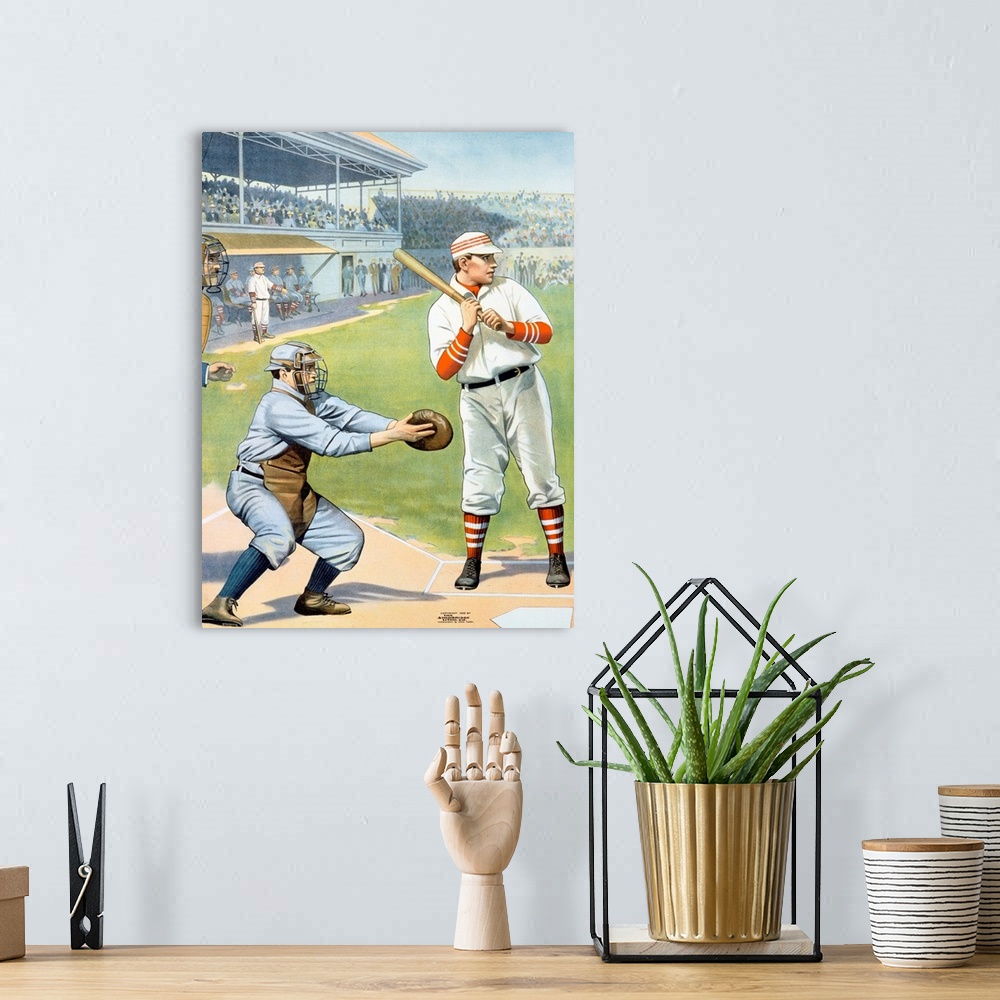 A bohemian room featuring Old poster of batter up to swing with umpire beside him and packed stands in the distance.