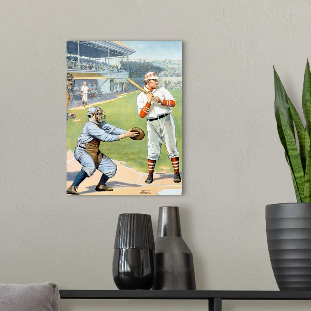 A modern room featuring Old poster of batter up to swing with umpire beside him and packed stands in the distance.